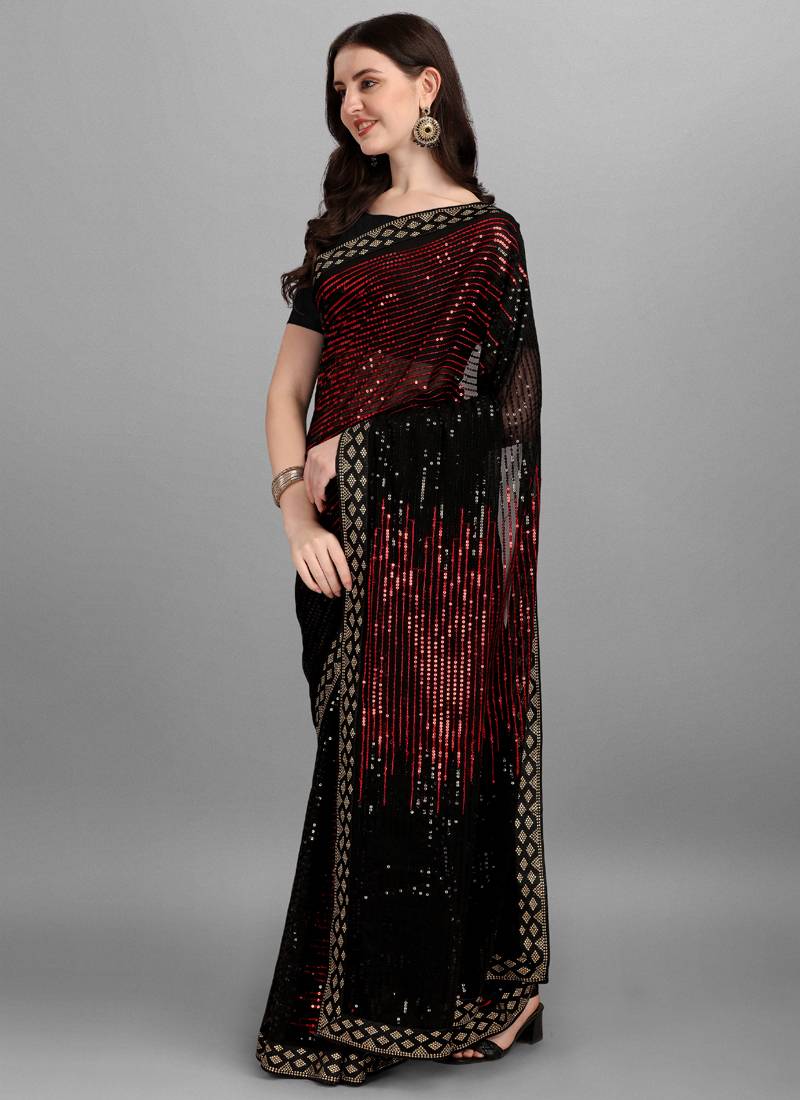 Black & Red Heavy Georgette Sequence Embroidery Saree