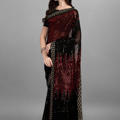 Black & Red Heavy Georgette Sequence Embroidery Saree
