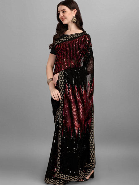 Black & Red Heavy Georgette Sequence Embroidery Saree