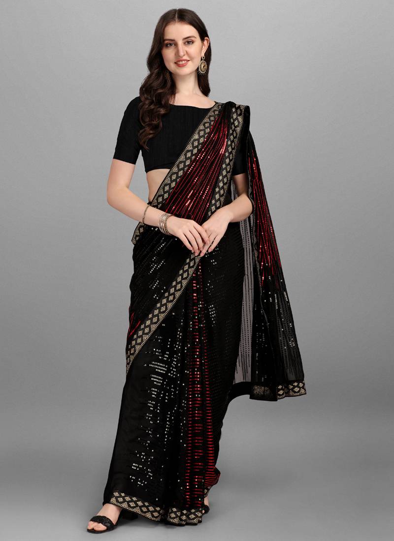 Black & Red Heavy Georgette Sequence Embroidery Saree