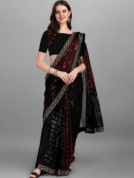 Black & Red Heavy Georgette Sequence Embroidery Saree