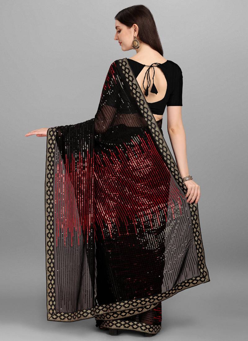 Black & Red Heavy Georgette Sequence Embroidery Saree