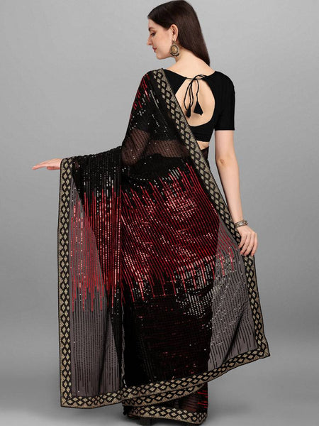 Black & Red Heavy Georgette Sequence Embroidery Saree