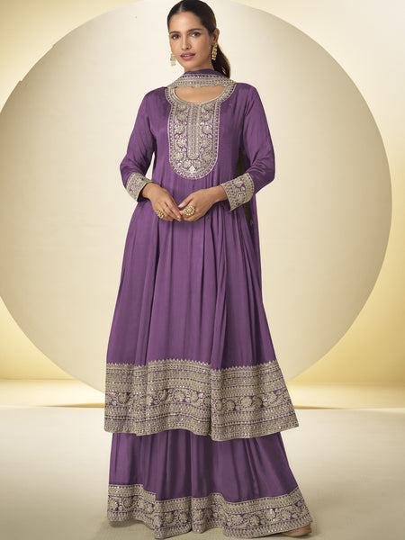 Lavender Chinon Silk Embroidered Designer Palazzo Suit