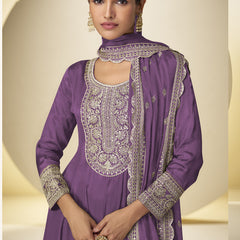 Lavender Chinon Silk Embroidered Designer Palazzo Suit