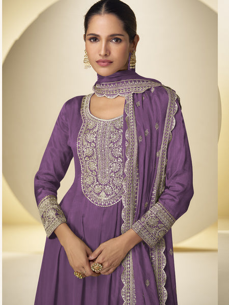 Lavender Chinon Silk Embroidered Designer Palazzo Suit