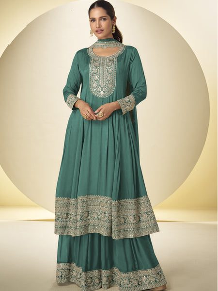 Rama Green Chinon Silk Embroidered Designer Palazzo Suit