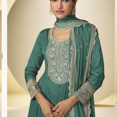 Rama Green Chinon Silk Embroidered Designer Palazzo Suit