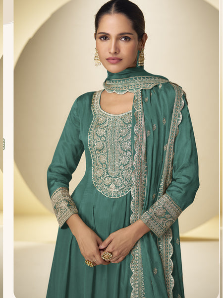 Rama Green Chinon Silk Embroidered Designer Palazzo Suit