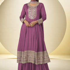 Onion Pink Chinon Silk Embroidered Designer Palazzo Suit