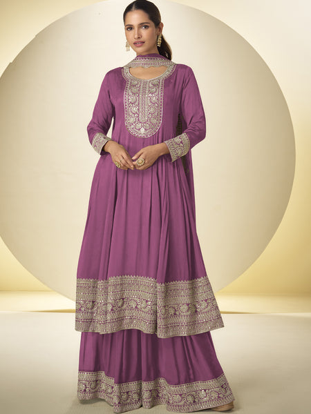 Onion Pink Chinon Silk Embroidered Designer Palazzo Suit