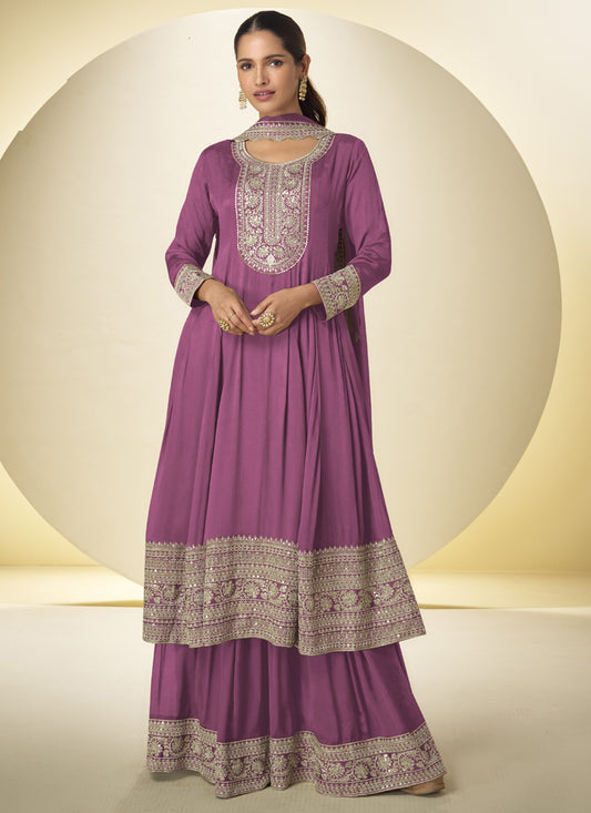 Onion Pink Chinon Silk Embroidered Designer Palazzo Suit