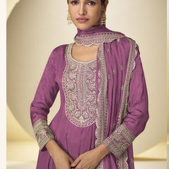 Onion Pink Chinon Silk Embroidered Designer Palazzo Suit