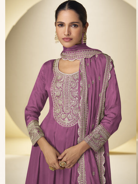 Onion Pink Chinon Silk Embroidered Designer Palazzo Suit