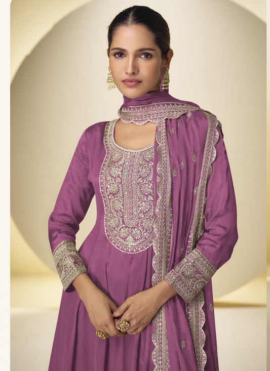 Onion Pink Chinon Silk Embroidered Designer Palazzo Suit