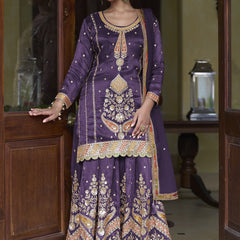 Violet Shimmer Silk Embroidered & Handwork Designer  Palazzo Suit