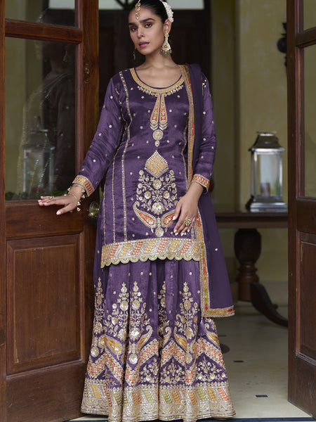Violet Shimmer Silk Embroidered & Handwork Designer  Palazzo Suit