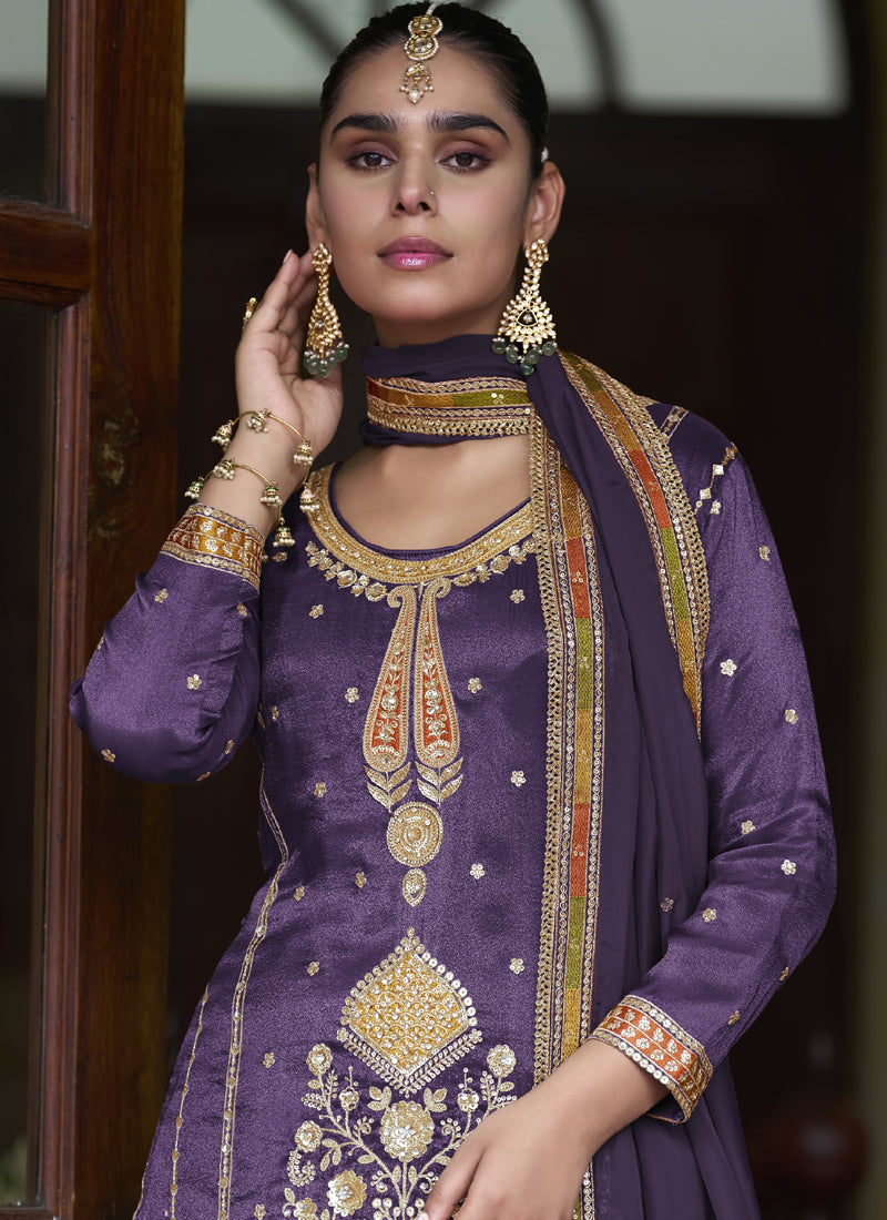 Violet Shimmer Silk Embroidered & Handwork Designer  Palazzo Suit