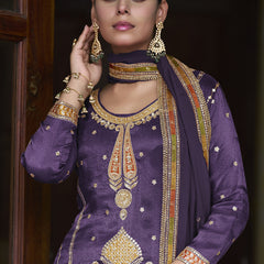 Violet Shimmer Silk Embroidered & Handwork Designer  Palazzo Suit