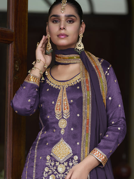 Violet Shimmer Silk Embroidered & Handwork Designer  Palazzo Suit