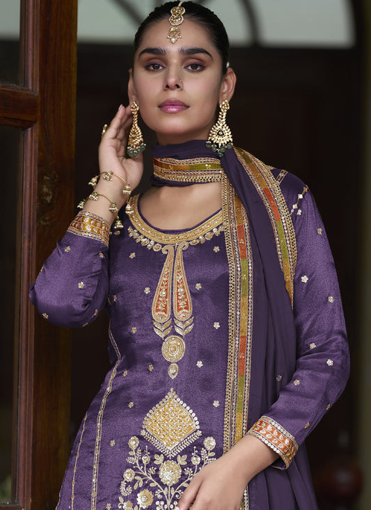 Violet Shimmer Silk Embroidered & Handwork Designer  Palazzo Suit