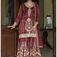 Maroon Shimmer Silk Embroidered & Handwork Designer  Palazzo Suit