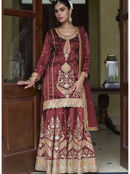 Maroon Shimmer Silk Embroidered & Handwork Designer  Palazzo Suit