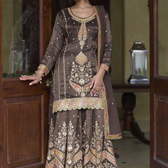 Brown Shimmer Silk Embroidered & Handwork Designer  Palazzo Suit