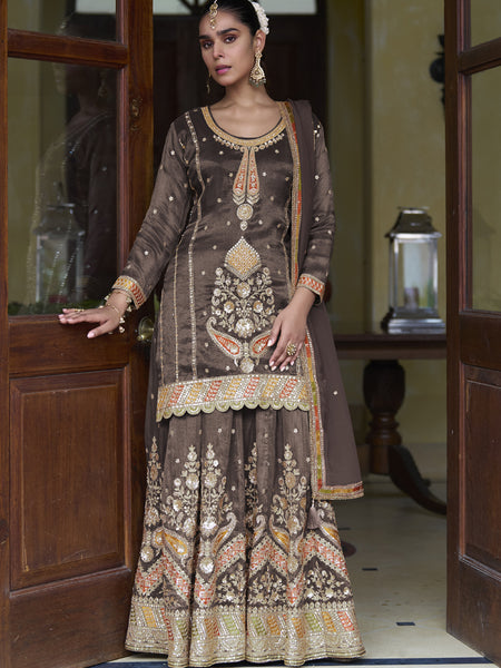 Brown Shimmer Silk Embroidered & Handwork Designer  Palazzo Suit