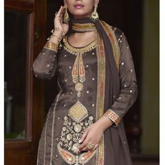Brown Shimmer Silk Embroidered & Handwork Designer  Palazzo Suit