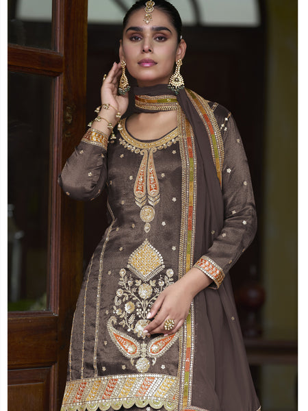 Brown Shimmer Silk Embroidered & Handwork Designer  Palazzo Suit