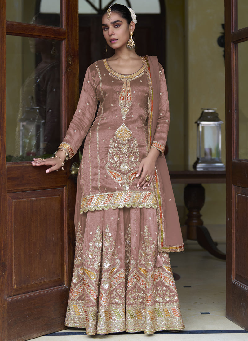 Light Brown Shimmer Silk Embroidered Designer Palazzo Suit
