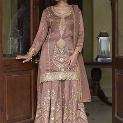 Light Brown Shimmer Silk Embroidered Designer Palazzo Suit
