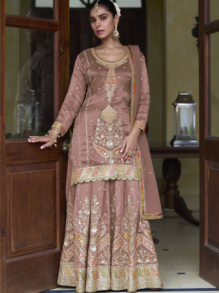 Light Brown Shimmer Silk Embroidered Designer Palazzo Suit