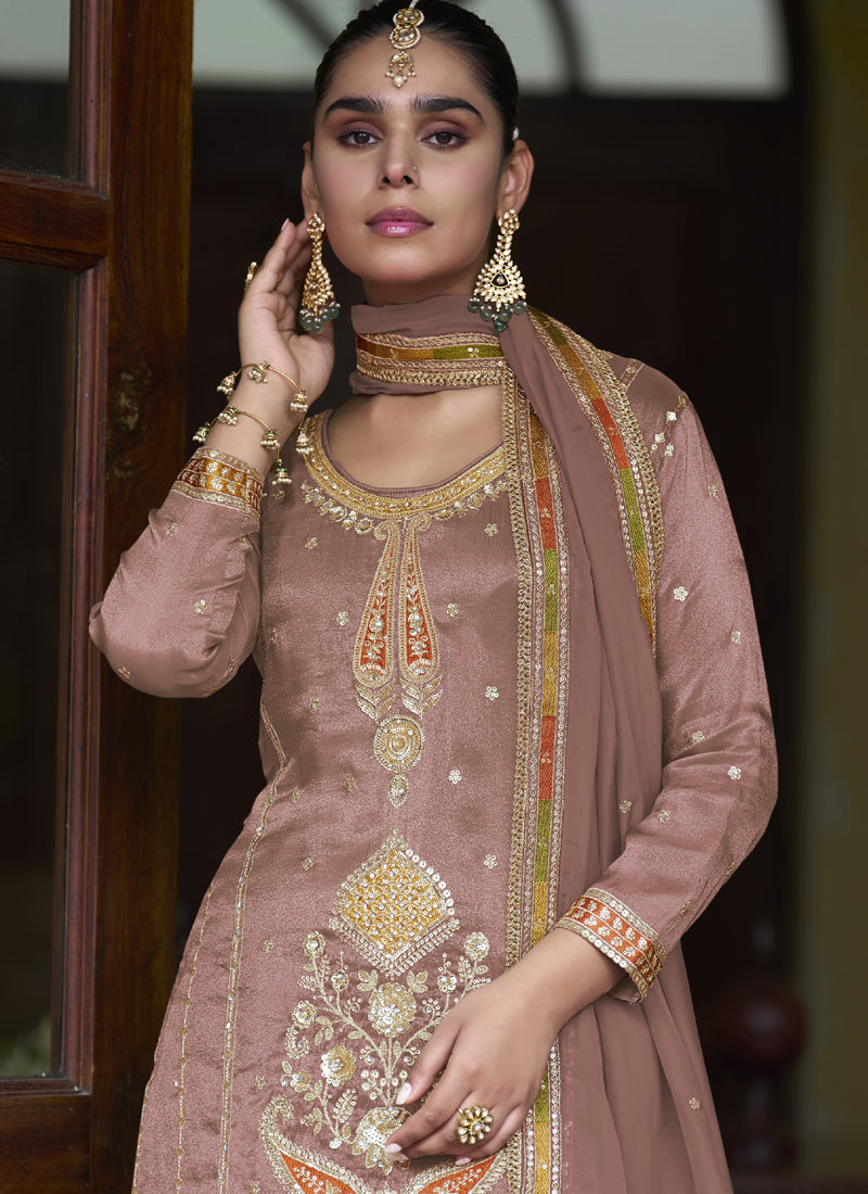 Light Brown Shimmer Silk Embroidered Designer Palazzo Suit