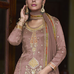 Light Brown Shimmer Silk Embroidered Designer Palazzo Suit