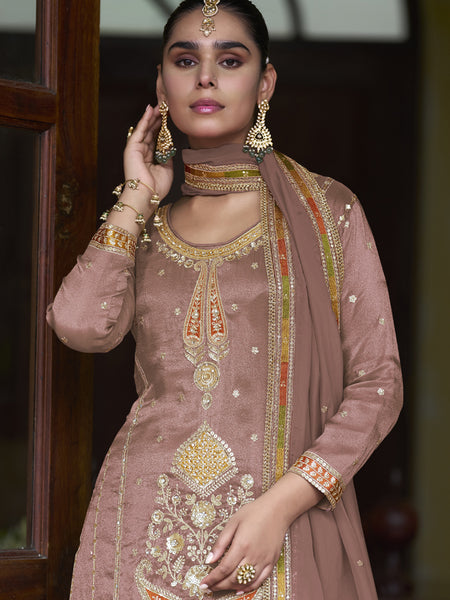 Light Brown Shimmer Silk Embroidered Designer Palazzo Suit