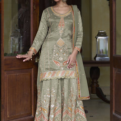Light Mehendi Shimmer Silk Embroidered Designer Palazzo Suit