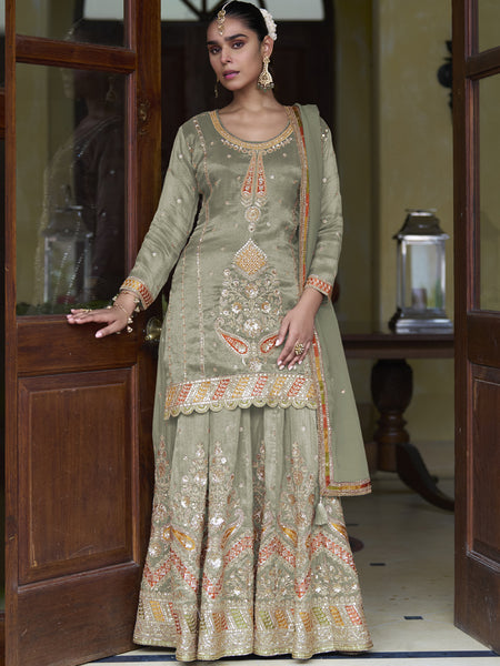 Light Mehendi Shimmer Silk Embroidered Designer Palazzo Suit