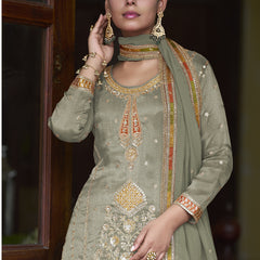 Light Mehendi Shimmer Silk Embroidered Designer Palazzo Suit