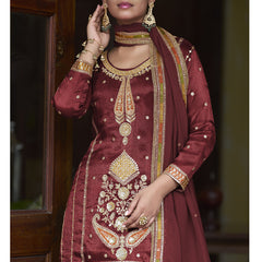 Maroon Shimmer Silk Embroidered & Handwork Designer  Palazzo Suit