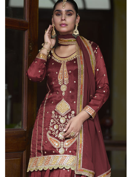 Maroon Shimmer Silk Embroidered & Handwork Designer  Palazzo Suit