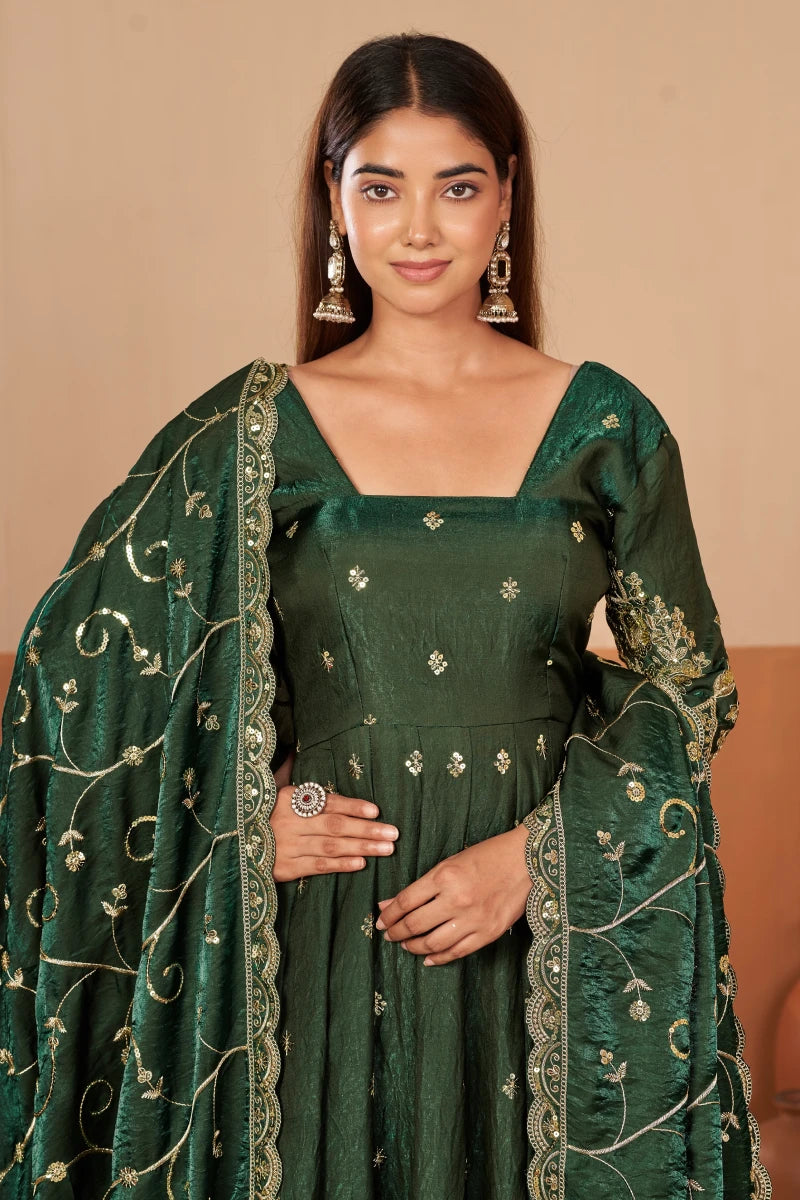 Dark Green Jelly Simmar Silk Embroidered Anarkali Suit with Dupatta