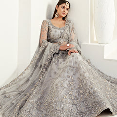 Grey Net With Silk Satin Thread Work Wedding Lehenga