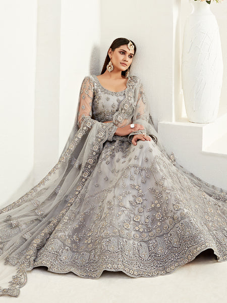 Grey Net With Silk Satin Thread Work Wedding Lehenga