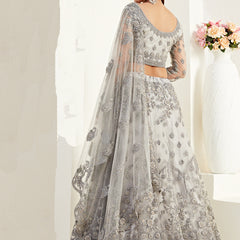 Grey Net With Silk Satin Thread Work Wedding Lehenga