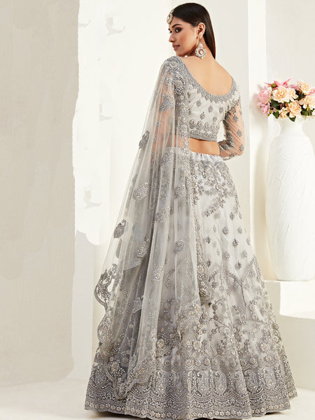 Grey Net With Silk Satin Thread Work Wedding Lehenga