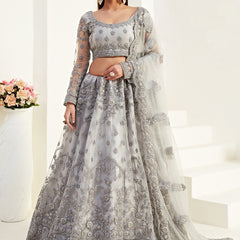 Grey Net With Silk Satin Thread Work Wedding Lehenga
