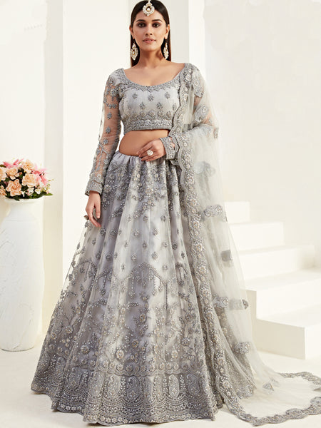 Grey Net With Silk Satin Thread Work Wedding Lehenga