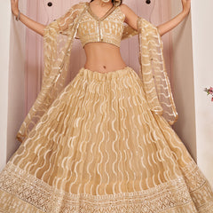 Beige Butterfly Net Embroidery Thread Designer Lehenga